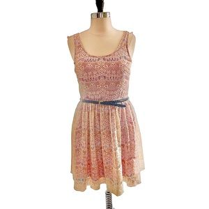 Maurice’s fit and flair lace dress with red lining and braided belt XS